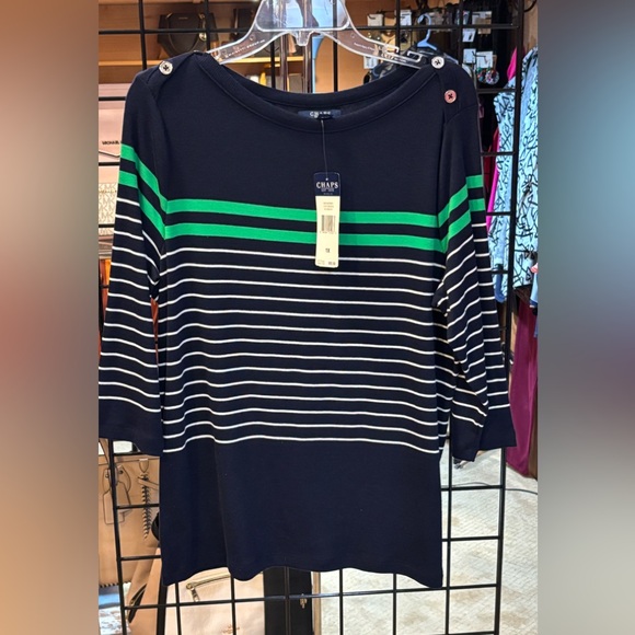 Chaps Navy and Green Striped Blouse - Picture 1 of 4